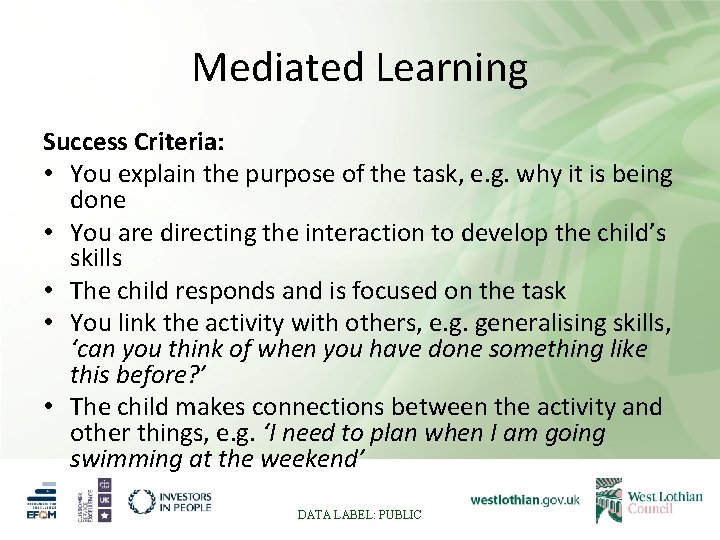 Mediated Learning Success Criteria: • You explain the purpose of the task, e. g.