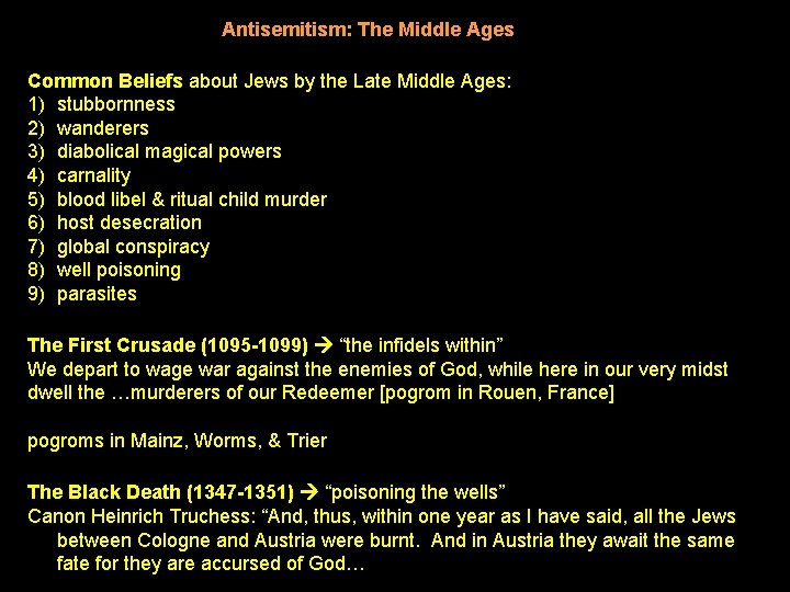 Antisemitism: The Middle Ages Common Beliefs about Jews by the Late Middle Ages: 1)