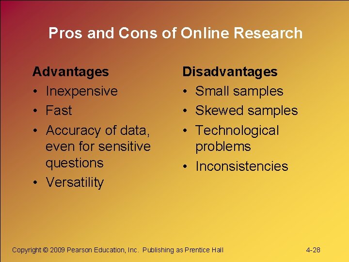 Pros and Cons of Online Research Advantages • Inexpensive • Fast • Accuracy of