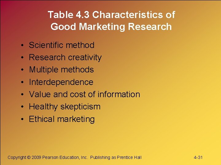 Table 4. 3 Characteristics of Good Marketing Research • • Scientific method Research creativity