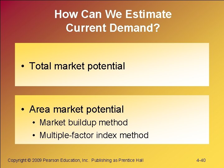 How Can We Estimate Current Demand? • Total market potential • Area market potential