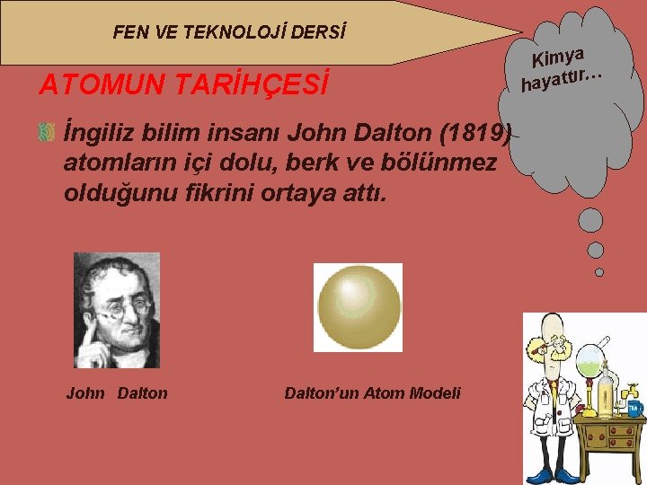 FEN VE TEKNOLOJİ DERSİ ATOMUN TARİHÇESİ İngiliz bilim insanı John Dalton (1819) atomların içi