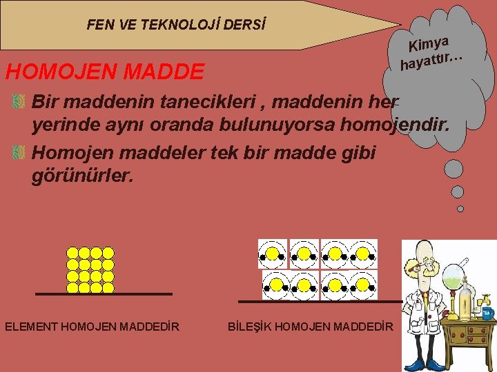 FEN VE TEKNOLOJİ DERSİ Kimya ır… hayatt HOMOJEN MADDE Bir maddenin tanecikleri , maddenin