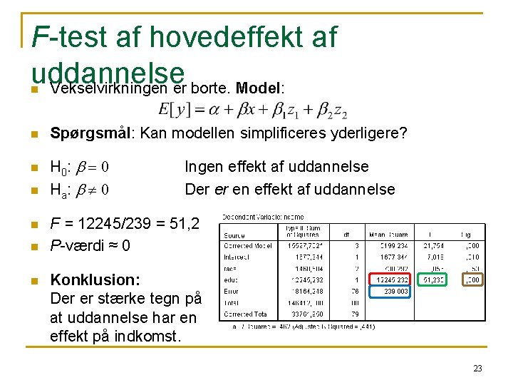 F-test af hovedeffekt af uddannelse Vekselvirkningen er borte. Model: n n n n Spørgsmål: