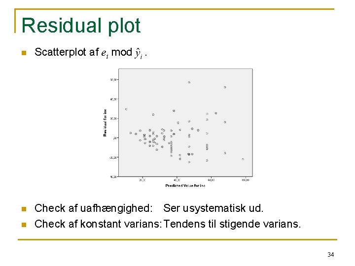 Residual plot n Scatterplot af ei mod n Check af uafhængighed: Ser usystematisk ud.