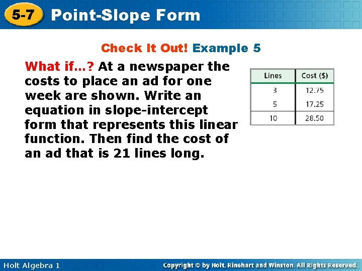 5 -7 Point-Slope Form Check It Out! Example 5 What if…? At a newspaper