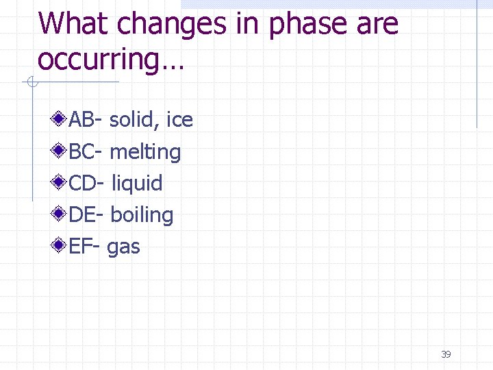 What changes in phase are occurring… AB- solid, ice BC- melting CD- liquid DE-