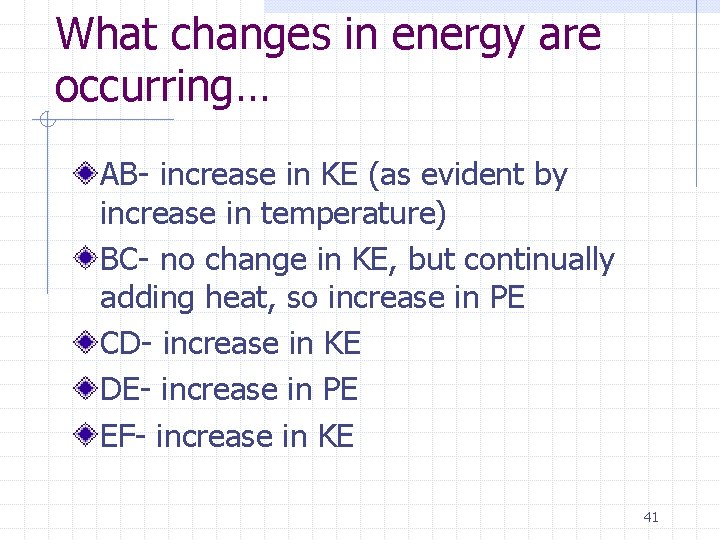 What changes in energy are occurring… AB- increase in KE (as evident by increase