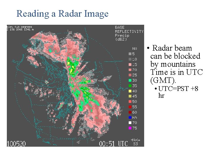 Reading a Radar Image • Radar beam can be blocked by mountains Time is