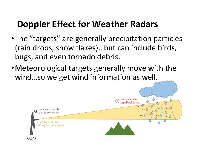 Doppler Effect for Weather Radars • The ”targets” are generally precipitation particles (rain drops,