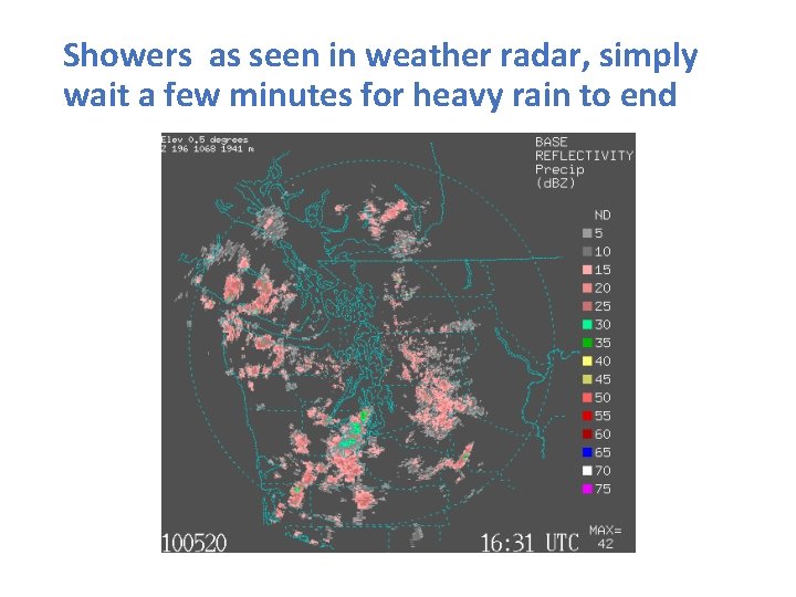 Showers as seen in weather radar, simply wait a few minutes for heavy rain