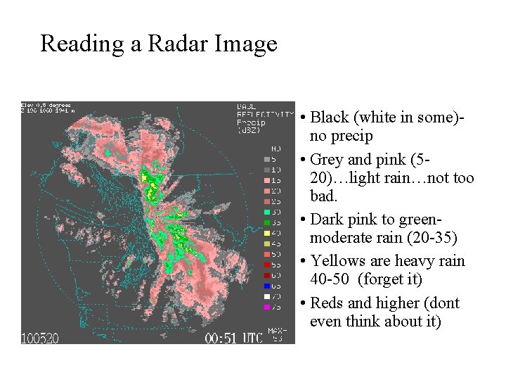 Reading a Radar Image • Black (white in some)no precip • Grey and pink