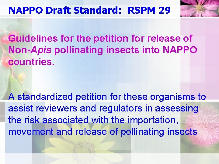NAPPO Draft Standard: RSPM 29 Guidelines for the petition for release of Non-Apis pollinating