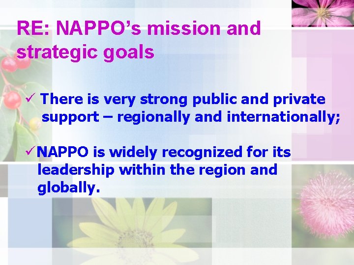 RE: NAPPO’s mission and strategic goals ü There is very strong public and private