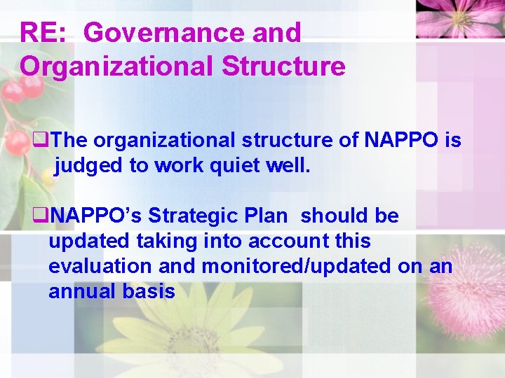 RE: Governance and Organizational Structure q. The organizational structure of NAPPO is judged to