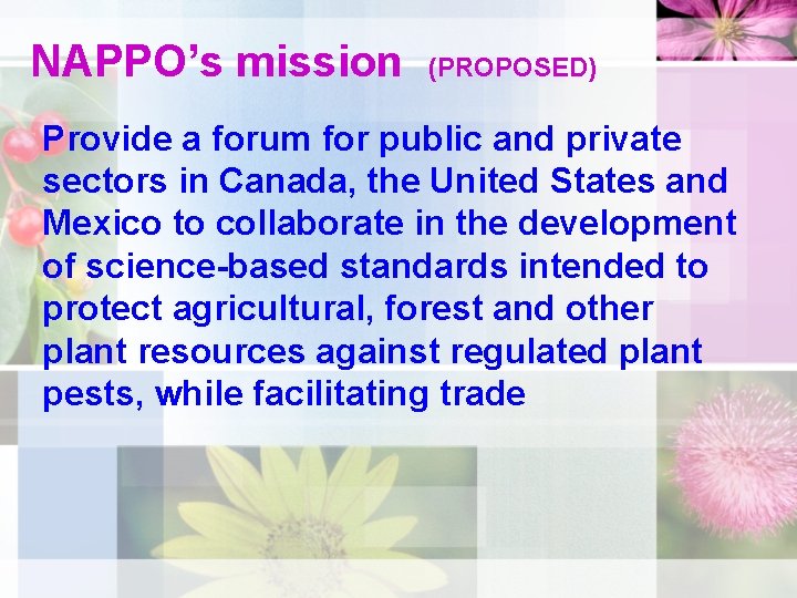 NAPPO’s mission (PROPOSED) Provide a forum for public and private sectors in Canada, the