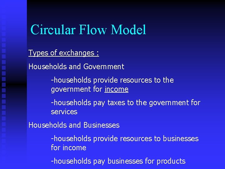 Circular Flow Model Types of exchanges : Households and Government -households provide resources to