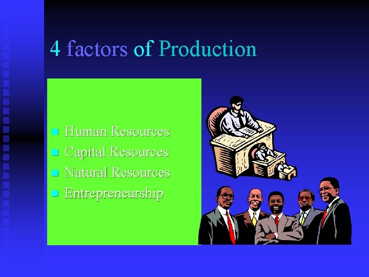4 factors of Production n n Human Resources Capital Resources Natural Resources Entrepreneurship 
