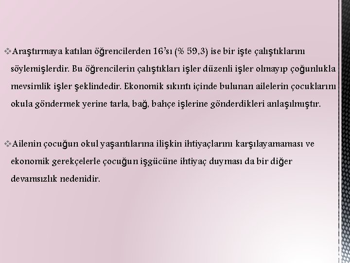 v. Araştırmaya katılan öğrencilerden 16’sı (% 59, 3) ise bir işte çalıştıklarını söylemişlerdir. Bu