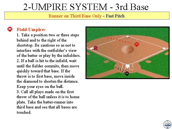 2 -UMPIRE SYSTEM - 3 rd Base Runner on Third Base Only - Fast