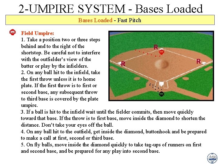 2 -UMPIRE SYSTEM - Bases Loaded - Fast Pitch Field Umpire: 1. Take a