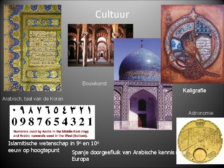 Cultuur Bouwkunst Kaligrafie Arabisch, taal van de Koran Astronomie Islamitische wetenschap in 9 e