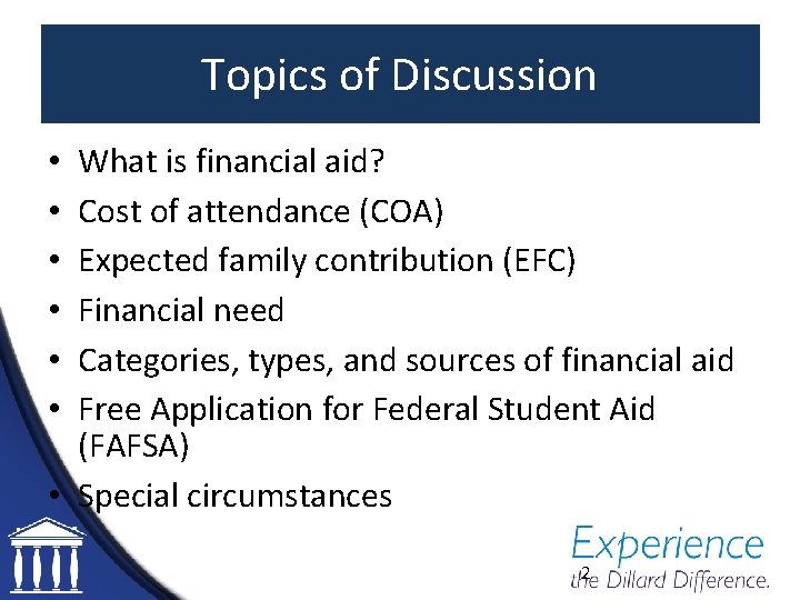 Topics of Discussion What is financial aid? Cost of attendance (COA) Expected family contribution