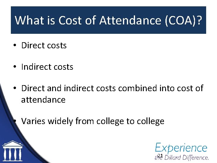 What is Cost of Attendance (COA)? • Direct costs • Indirect costs • Direct