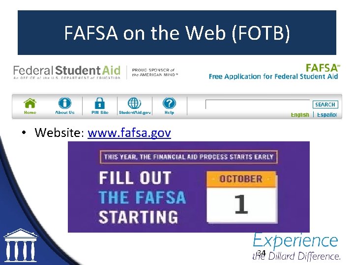 FAFSA on the Web (FOTB) • Website: www. fafsa. gov 34 