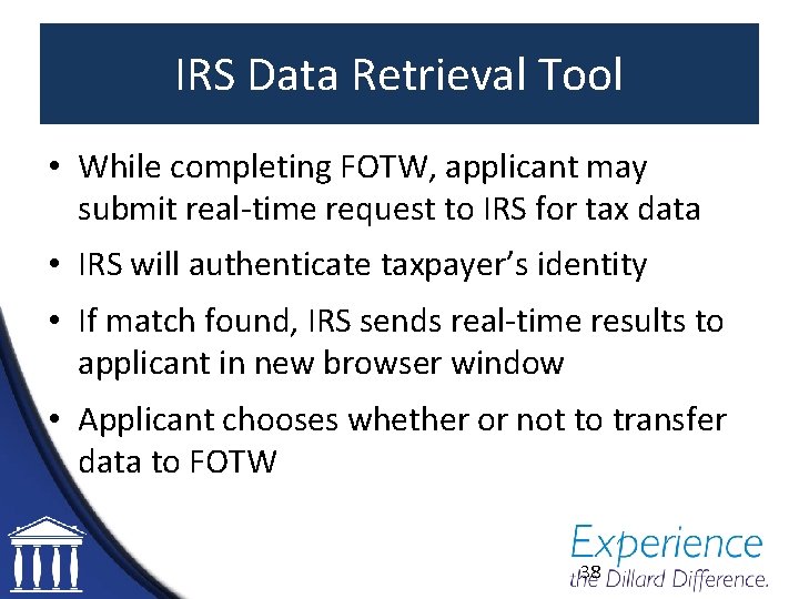 IRS Data Retrieval Tool • While completing FOTW, applicant may submit real-time request to