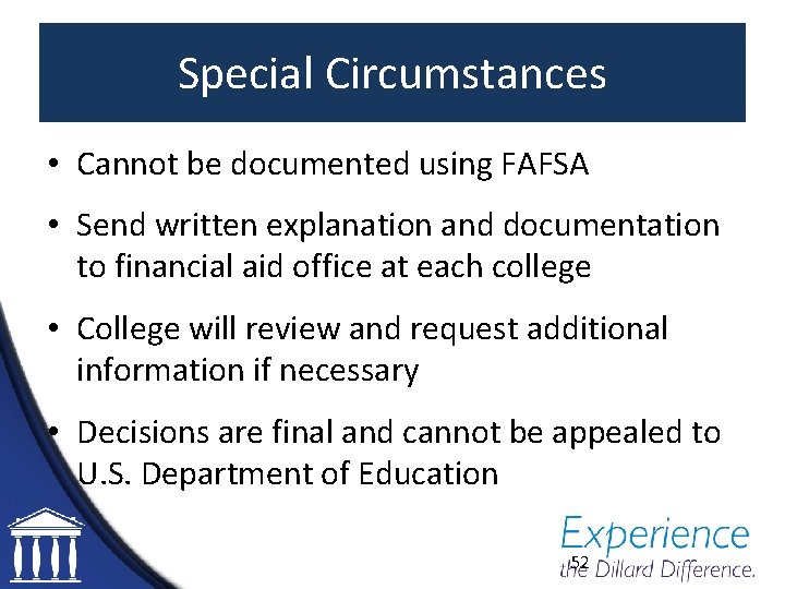 Special Circumstances • Cannot be documented using FAFSA • Send written explanation and documentation