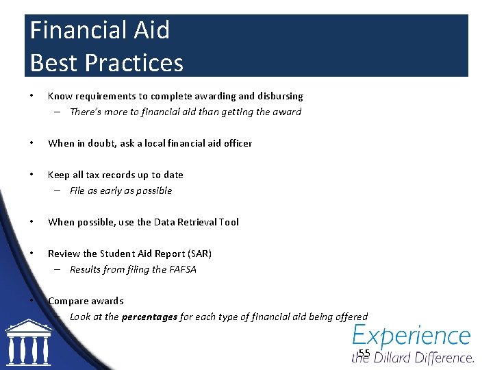 Financial Aid Best Practices • Know requirements to complete awarding and disbursing – There’s