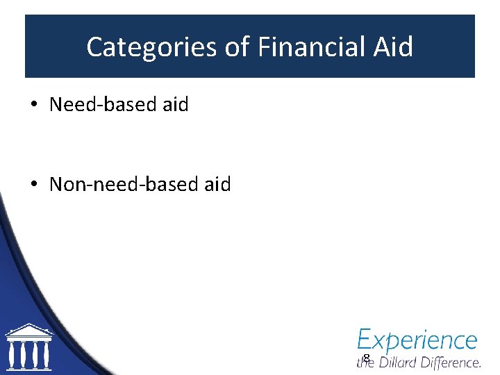 Categories of Financial Aid • Need-based aid • Non-need-based aid 8 
