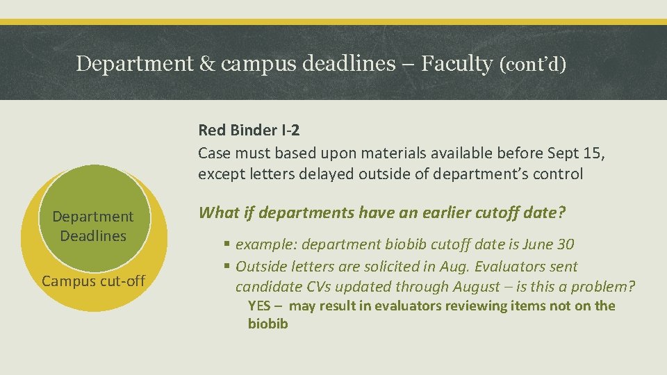 Department & campus deadlines – Faculty (cont’d) Red Binder I-2 Case must based upon Department & campus deadlines – Faculty (cont’d) Red Binder I-2 Case must based upon