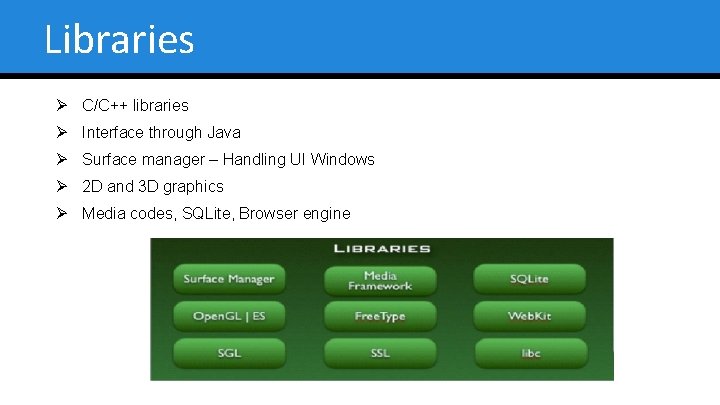 Libraries Ø C/C++ libraries Ø Interface through Java Ø Surface manager – Handling UI
