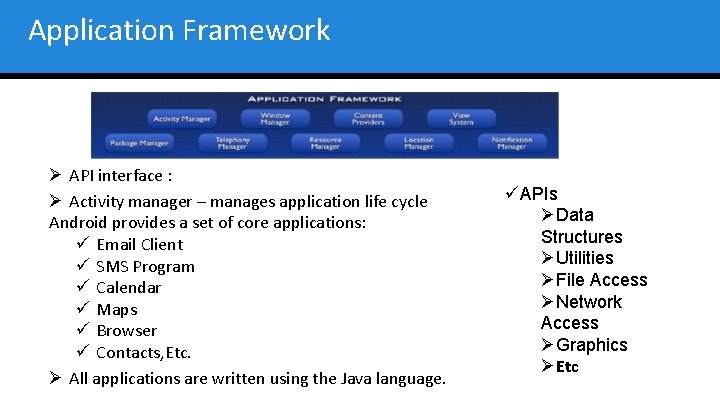Application Framework Ø API interface : Ø Activity manager – manages application life cycle