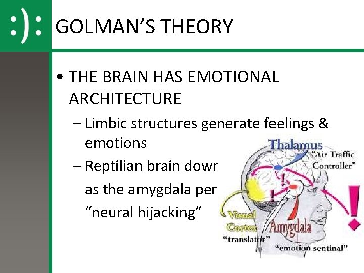 GOLMAN’S THEORY • THE BRAIN HAS EMOTIONAL ARCHITECTURE – Limbic structures generate feelings &