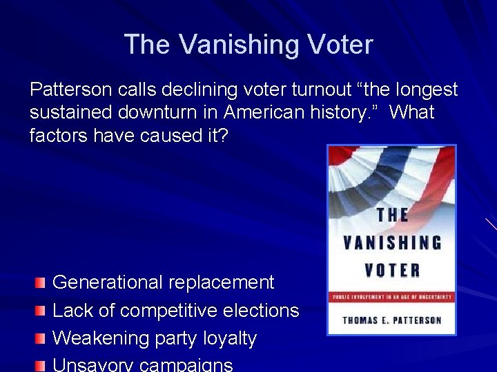 The Vanishing Voter Patterson calls declining voter turnout “the longest sustained downturn in American