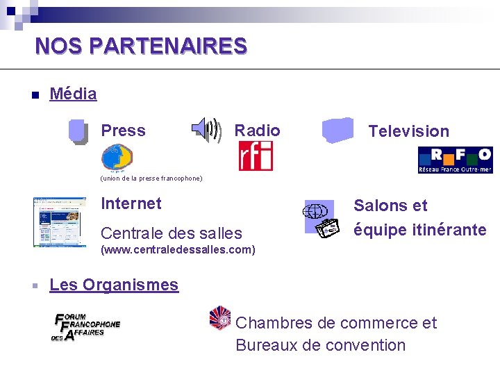 NOS PARTENAIRES n Média Press Radio Television (union de la presse francophone) Internet Centrale