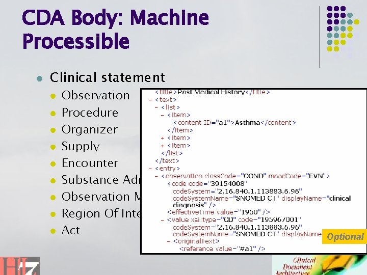 CDA Body: Machine Processible l Clinical statement l l l l l Observation Procedure