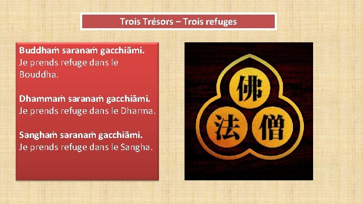 Trois Trésors – Trois refuges Buddhaṁ saranaṁ gacchiāmi. Je prends refuge dans le Bouddha.