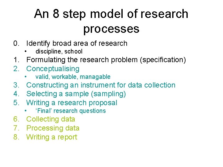 An 8 step model of research processes 0. Identify broad area of research •