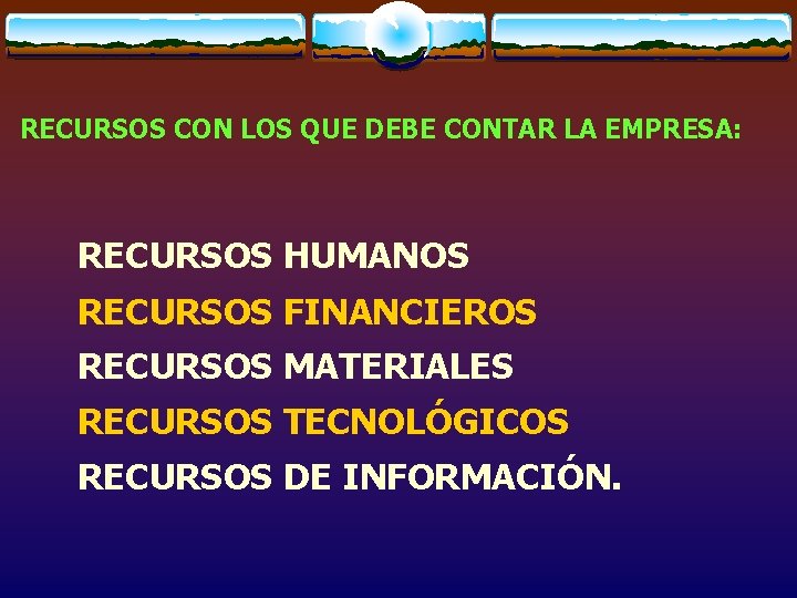 RECURSOS CON LOS QUE DEBE CONTAR LA EMPRESA: RECURSOS HUMANOS RECURSOS FINANCIEROS RECURSOS MATERIALES