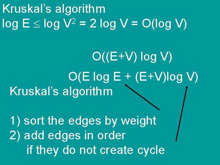 Kruskal’s algorithm log E log V 2 = 2 log V = O(log V)
