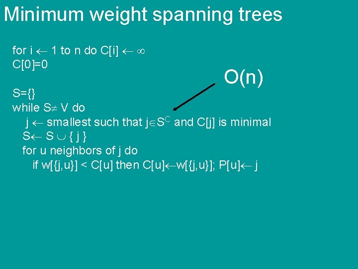Minimum weight spanning trees for i 1 to n do C[i] C[0]=0 O(n) S={}