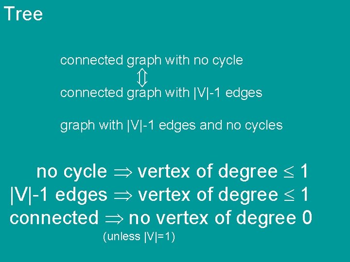 Tree connected graph with no cycle connected graph with |V|-1 edges and no cycles
