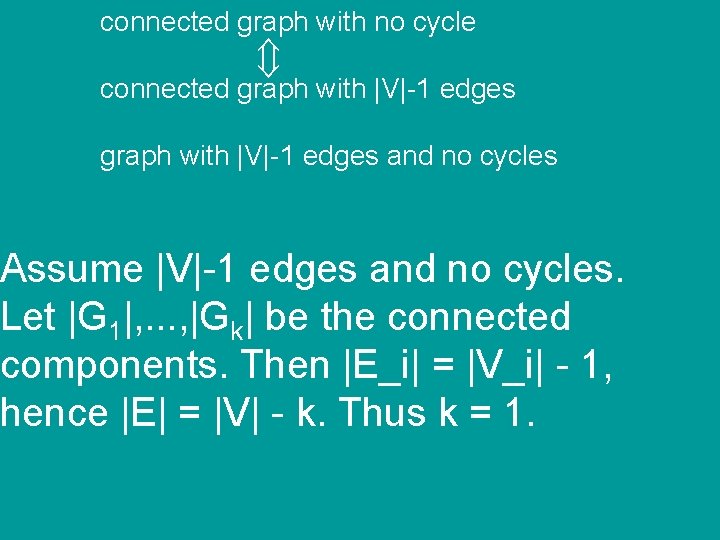 connected graph with no cycle connected graph with |V|-1 edges and no cycles Assume