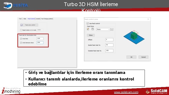 Turbo 3 D HSM İlerleme Kontrolü • Giriş ve bağlantılar için ilerleme oranı tanımlama