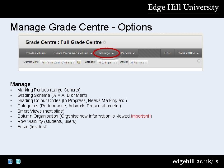 Manage Grade Centre - Options Manage • • Marking Periods (Large Cohorts) Grading Schema