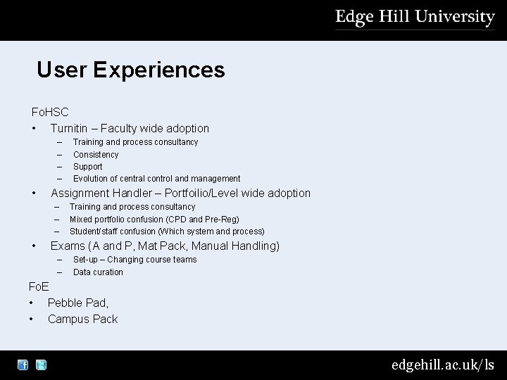 User Experiences Fo. HSC • Turnitin – Faculty wide adoption – – • Assignment